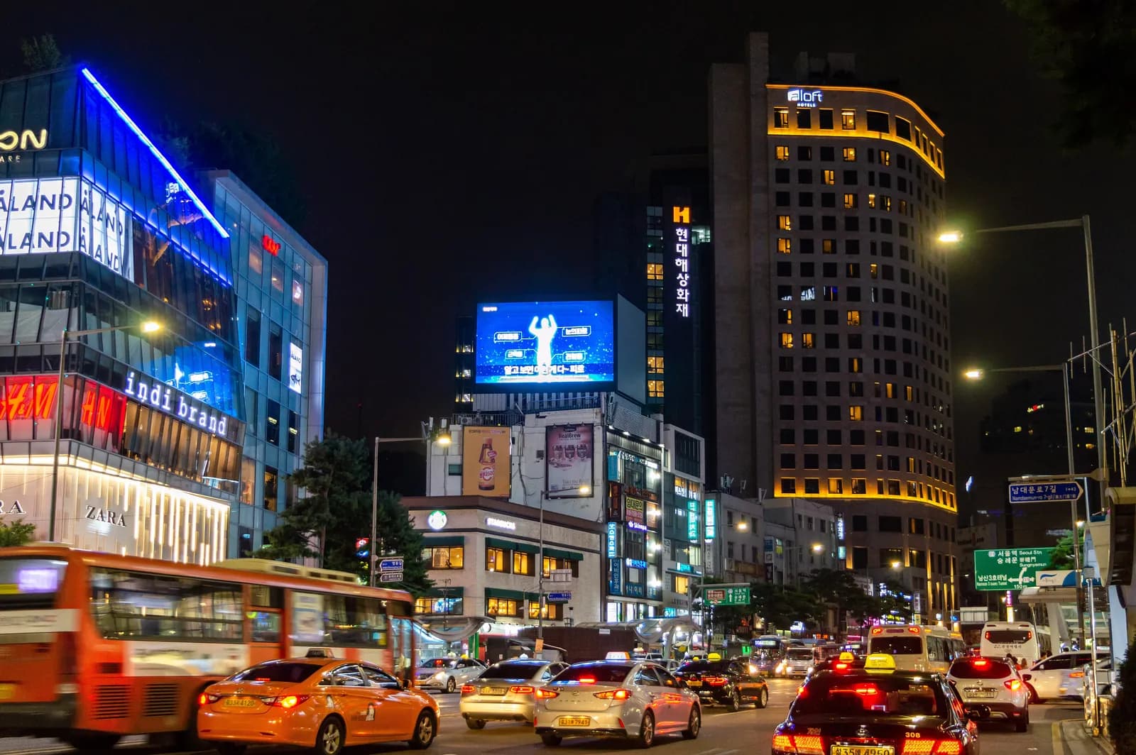 Namdaemun-ro in Myeongdong, Seoul, at night, 2019.