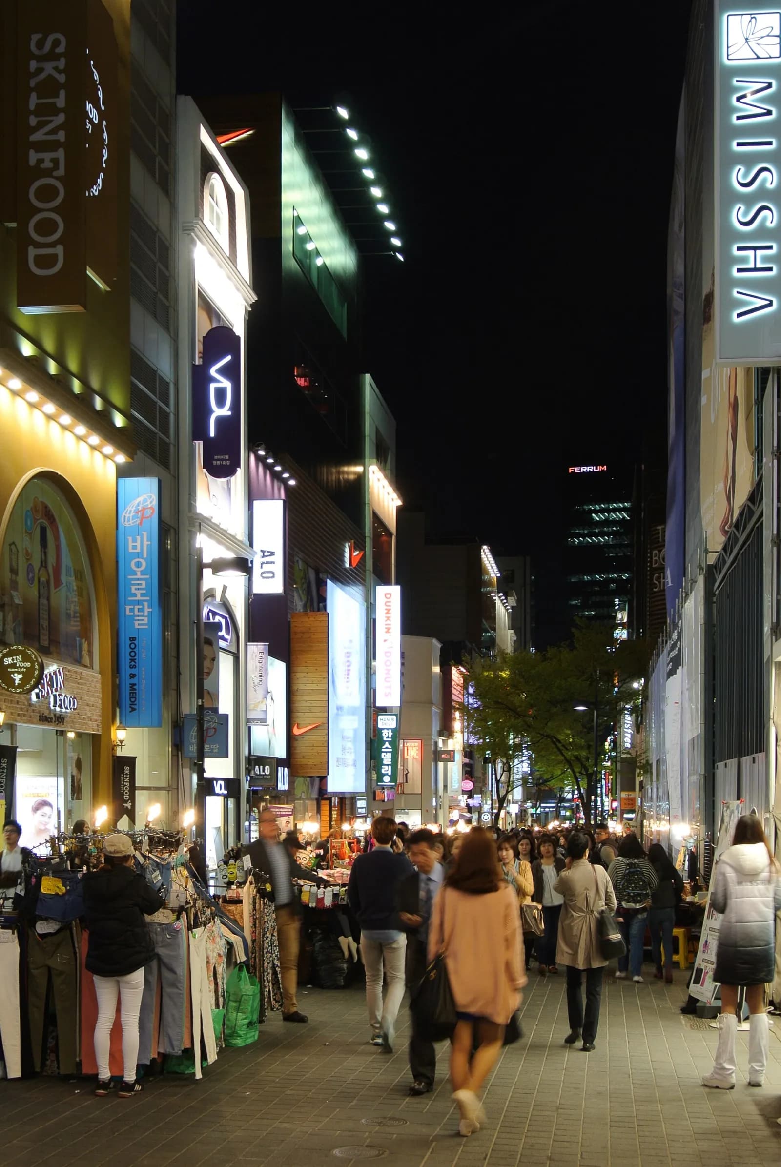A shopping street in Myeong-dong, Seoul, in the evening, 2013.